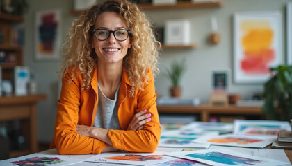 Creative woman smiles glasses at desk with art projects spread around. Artist works in colorful modern studio. Her passion for design is evident in her work.