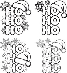 Ho Ho Ho Christmas Lettering with Santa Hat and Snowflakes Black and White Vector Design