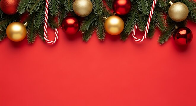 Festive christmas garland with red and gold ornaments and candy canes on a vibrant red background