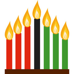 Seven lit candles in red black and green colors arranged in a row on a brown base against a transparent background symbolizing Kwanzaa celebration festive illumination