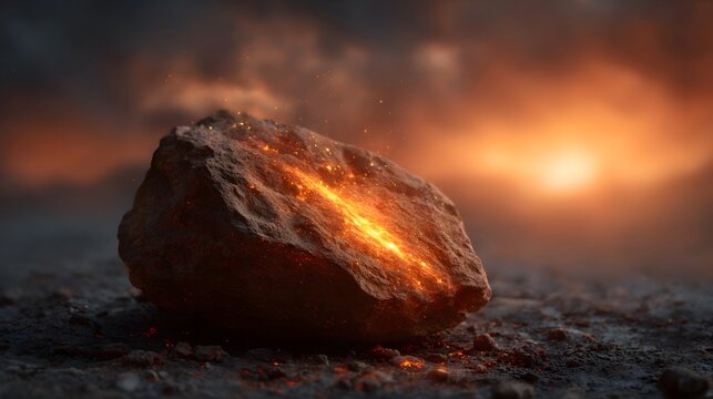 A textured glowing rock with fiery cracks rests on dark ground against a dramatic hazy orange sunset sky