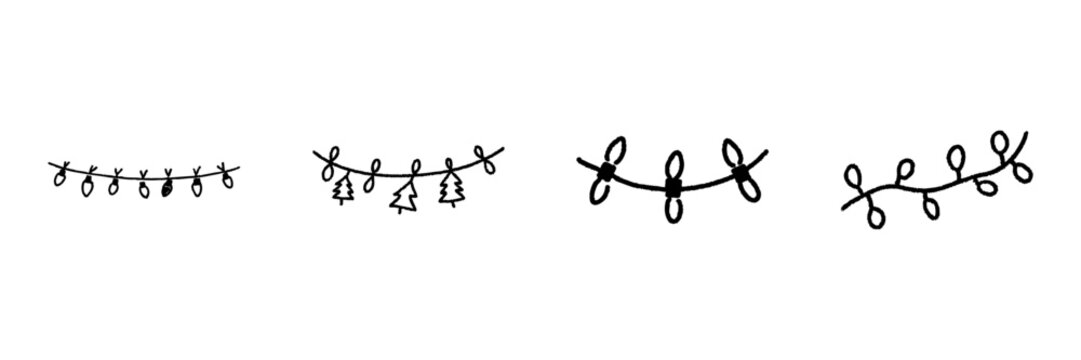 Christmas Garland And Lights Line Icon Set In Doodle Style. Festive Decoration, Holiday Celebration, And Seasonal Ornament Outline Sketch Collection. Hand Drawn Isolated Vector Illustration
