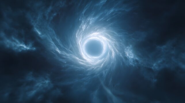 A luminous swirling vortex of light and ethereal clouds creates a dynamic mysterious portal in deep space