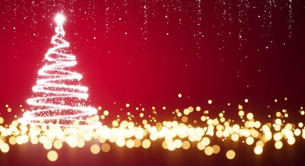 Glowing spiral christmas tree on a red background with bokeh lights and falling snow