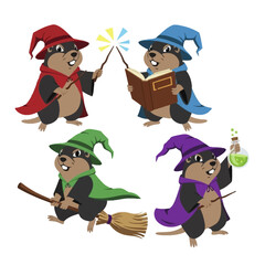 Cute Cartoon Groundhog Wizards and Witches Set.
