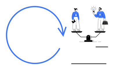 Arrow loop representing continuous progress with two people balancing innovation and business on scales. Ideal for growth, ethics, teamwork, innovation, strategy, decision-making, goal-setting