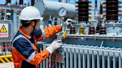 Technician performing routine maintenance on a highvoltage transformer in an industrial plant focusing on safety and equipment reliability.