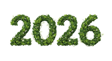 The year 2026 creatively formed from lush green leaves and vines, suggesting nature and growth © Bening