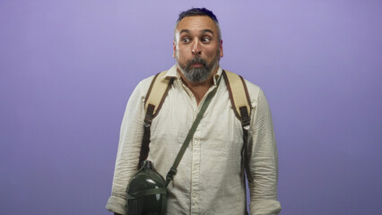 Middle age man with grey hair and beard wearing a backpack with hand covering mouth gesture in studio with purple backdrop; surprise adventure travel.