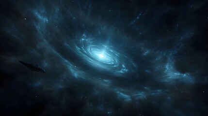 A futuristic spaceship ventures into a swirling blue nebula exploring the vast cosmic expanse