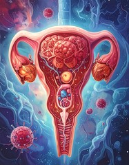 Detailed Illustration of the Female Reproductive System with Embryo.