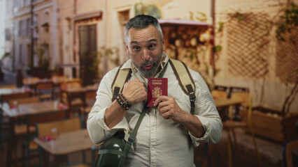 Man holding a spanish passport and backpack straps at a restaurant terrace outdoors; joy travel...