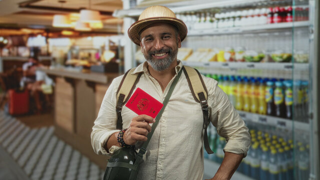 Man smiling holding passport in hand at restaurant counter inside building wearing hat and backpack; travel adventure joy.