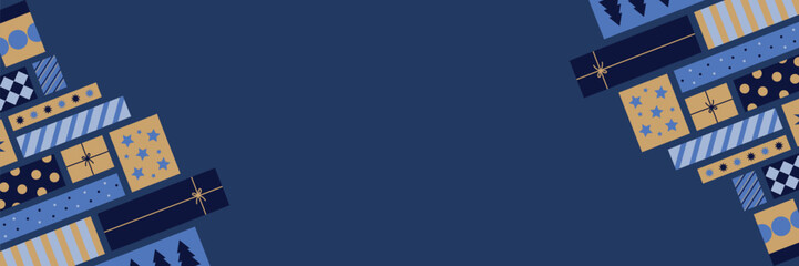 christmas gifts banner, christmas presents vector illustration isolated on blue background, modern design for banner, cards, invitation, backdrop