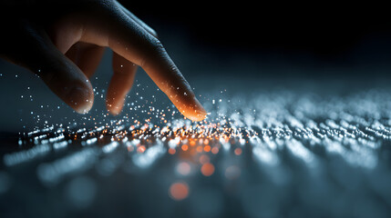 A hand hovers over a surface displaying glowing binary code and particles, illustrating the interaction between humans and digital technology in a modern, futuristic setting.