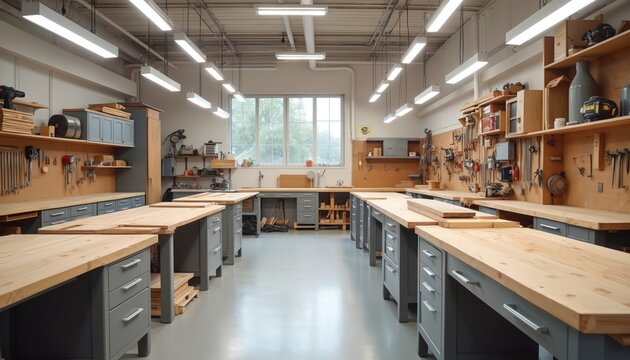 Large workshop with many wooden workbenches, tools hanging on walls, and lumber stacked. Clean, bright space with windows offers area for carpentry projects and craft. Many stations for building.