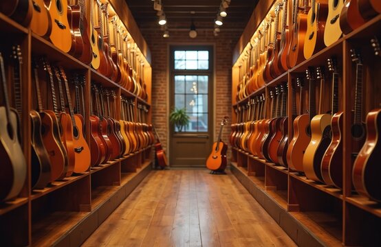Shop aisle lined with guitars on shelves. Variety of acoustic, electric string instruments for sale. Wooden music store interior with display racks. Colorful guitars, classical guitars fill space. - Powered by Adobe