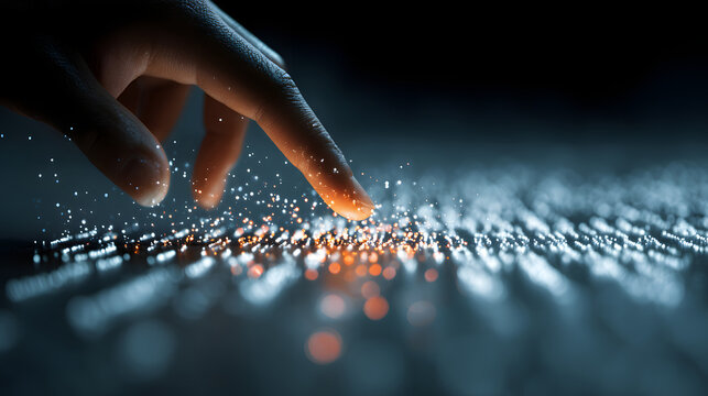A hand hovers over a surface displaying glowing binary code and particles, illustrating the interaction between humans and digital technology in a modern, futuristic setting.