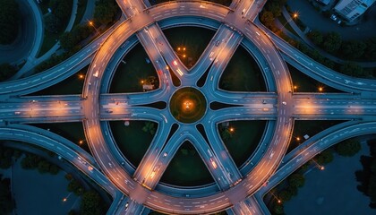 Obraz premium Aerial view of a complex highway interchange at night. Cars create light trails on curved roads under artificial illumination. This busy urban transport hub connects city districts.