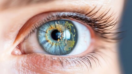 Macro human eye with digital circuit pattern reflecting cityscape futuristic vision technology and data analytics concept - Powered by Adobe