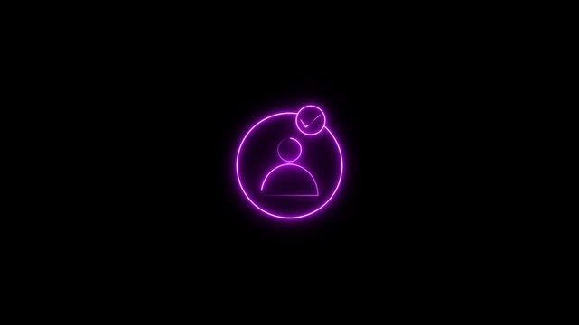 User profile icon with checkmark animation on black background. Monochrome icon, Neon User Profile Symbol.