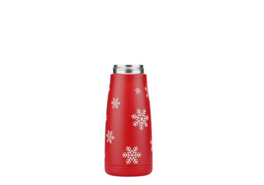 Festive Red Insulated Travel Bottle with White Snowflake Pattern for Winter Holidays & Christmas. Hot & Cold Beverage Tumbler, Studio Product Shot on White Background.