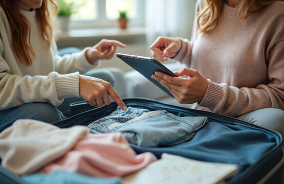 Two friends plan vacation using tablet, pack clothes in open suitcase at home. People prepare for journey, booking trip online, discuss travel plans.