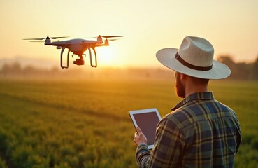 Farmer uses tablet, controls drone flying over agricultural field at sunset. Modern tech in farm management for crop monitoring and spraying. Precision agriculture future.