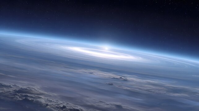 View of a luminous swirling disk around a planet from outer space with stars in the background