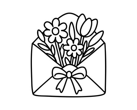 Black outline envelope filled with tulips and daisies and tied with ribbon bow, elegant romantic vector illustration for greeting card design, wedding decor, love note or floral gift concept
