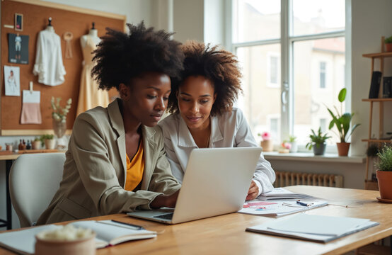 Two women fashion designers collaborate on a laptop in a bright studio. They discuss new clothing ideas for their small business startup. Creative team works together planning next collection.