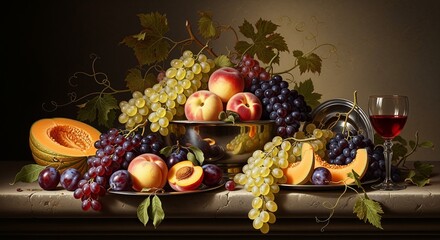 Still Life Fruits with Wine on Marble Surface, Artistic and Classic © kukuruyuk