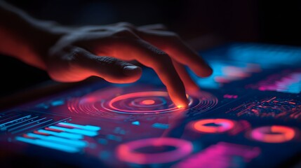 Human finger interacts with glowing futuristic digital interface displaying charts and graphs