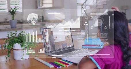 Girl leaning into laptop as teacher gesturing HUD charts and globe overlaying writing for education - Powered by Adobe