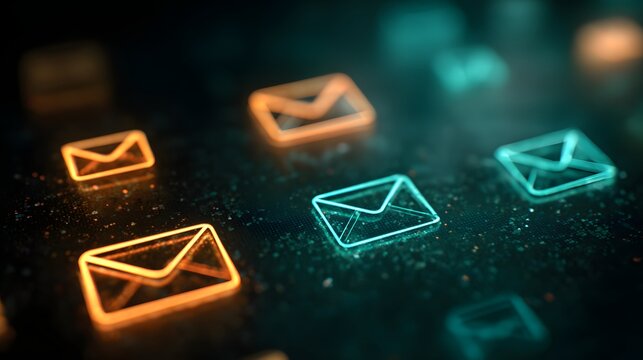 Illuminated digital envelope icons glow with contrasting colors across a dark surface
