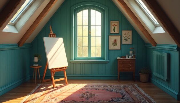 Attic studio with blank canvas on easel. Window light streams onto artwork, wooden floor, and patterned rug. Cozy creative space for inspiration and crafting.