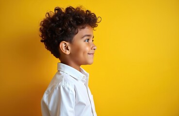 Side profile on yellow backdrop cute schoolboy. Young kid smiles dressed in white formal shirt. Preteen curly haired boy look at empty space. Education concept. Happy african child dreams about