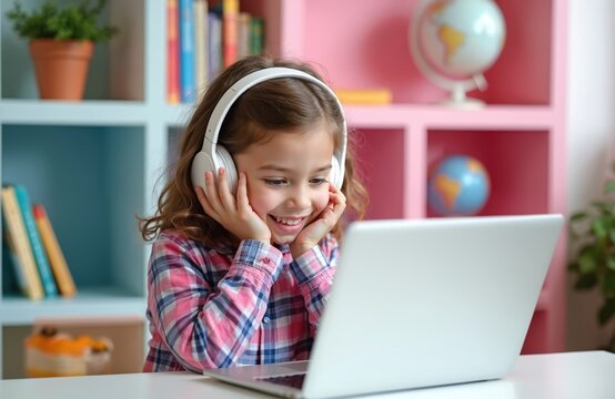 Young girl wears headphones while smiling at her laptop. She sits at a desk with books and globes in the background. Child enjoys online learning or entertainment.