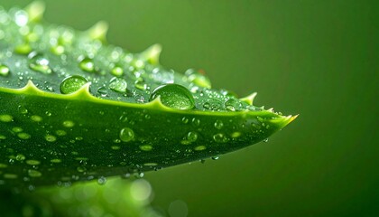 Fresh Aloe Vera Leaf with Dew Drops Macro