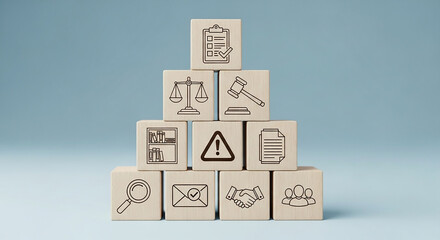 A pyramid of wooden blocks with legal and business icons representing compliance and regulation.