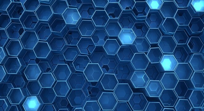 Abstract blue technological background with glowing hexagonal shapes creating a futuristic pattern