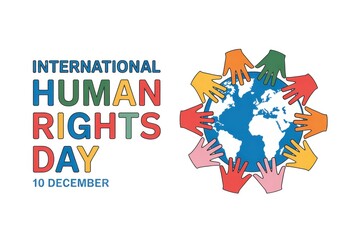 Obraz premium International human rights day with colorful text and hands around the earth globe design