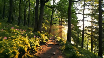 A winding trail disappears into dense forest, surrounded by towering trees that filter sunlight, casting dappled shadows on path, capturing essence of adventure and exploration.