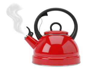 Vibrant Red Whistling Tea Kettle with Rising Steam Isolated on White Background