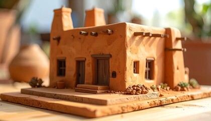Detailed Miniature Adobe House Model with Textured Exterior.