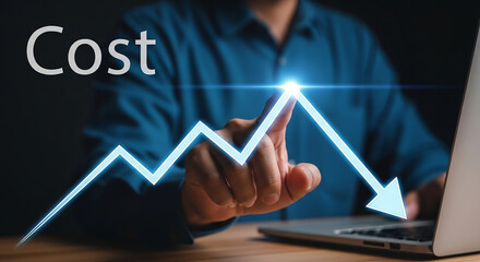 Businessman pointing at a glowing graph showing a peak in costs followed by a sharp reduction and optimization.