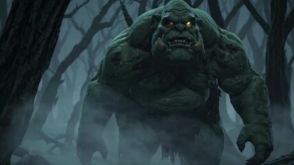 A menacing creature emerges from a foggy forest, captured from a low-angle shot. The eerie atmosphere suits a fantasy or horror video theme.