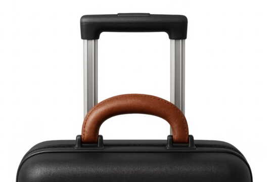 Black suitcase top view with brown leather handle