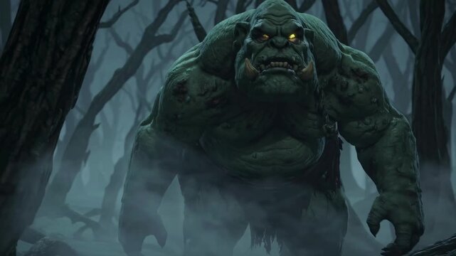 A menacing creature emerges from a foggy forest, captured from a low-angle shot. The eerie atmosphere suits a fantasy or horror video theme.