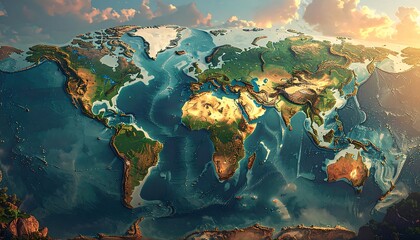 Detailed Relief Map of the World with Ocean Bathymetry and Topography.